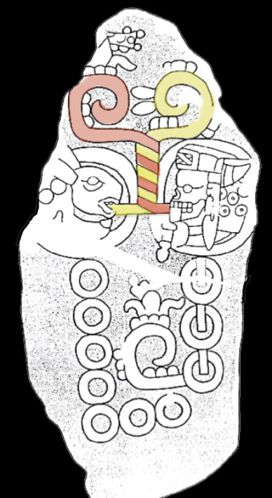 Şekil 3 Konuşma, Finca San Cristóbal 1 numaralı abidede, olası taşlarla sarmalanır (çizimler Oswaldo Chinchilla Mazariego’ya aittir, renkler vurgulama için eklenmiştir).