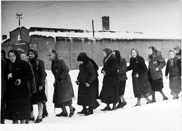 Auschwitz'ten kurtulan kadın tutsaklar, kamptan uzaklaşırken.