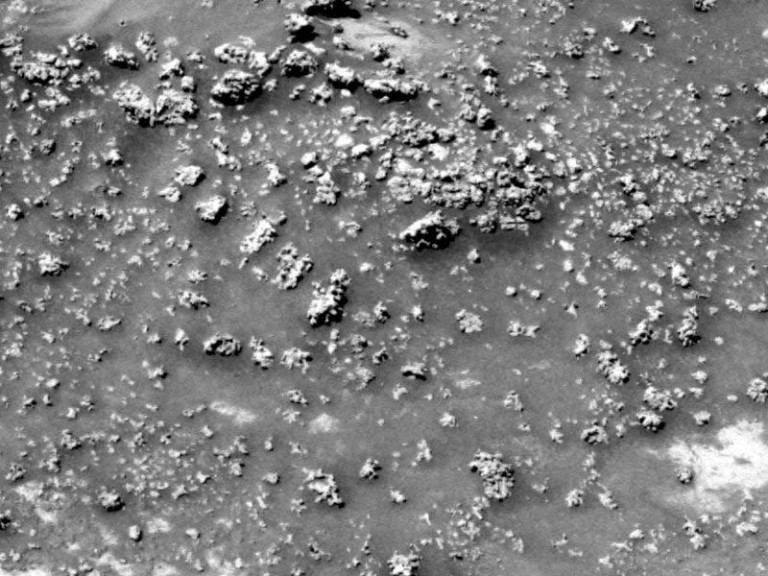 Spirit'in "Home Plate" yakınlarında çektiği bir fotoğrafta, toprakta mikrobiyal yaşam kaynaklı olabilecek, silika oluşumları görülüyor. (NASA/JPL-Caltech)